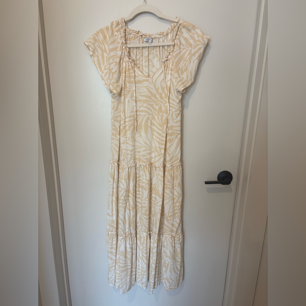Boho Peasant Artsy Hippie Cottage Tiered Maxi Dress Drop Waist Flutter Sleeves S